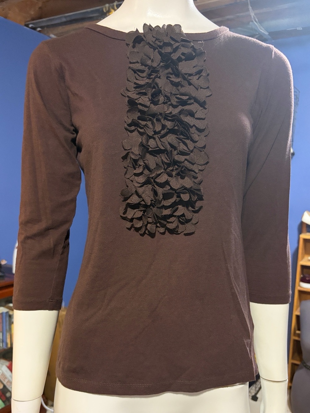 KIERAN Brown Ruffle Front 3/4  Sleeve Jersey Knit Top  Size S